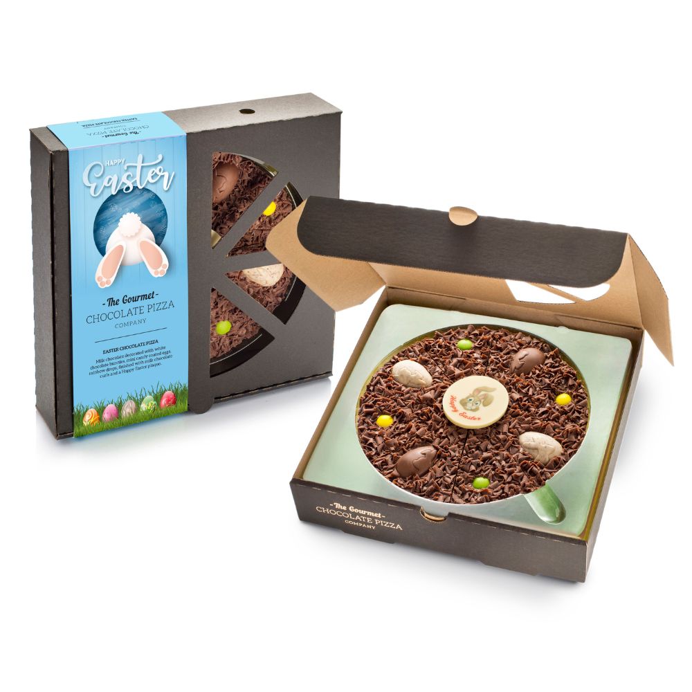Seven Inch Easter Chocolate Pizza, presented in a pizza delivery box with a blue bunny strap.